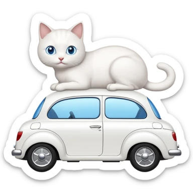 Please create a small emoji the size of 🚗 featuring a pure white cat with blue eyes on a white saloon car viewed from side. Again it is necessary that the emoji must be extremely small, much smaller than a standard sized sticker. sticker