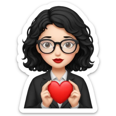 niña con pelo ondulado color negro con lentes negros y tenga un corazon en la mano sticker