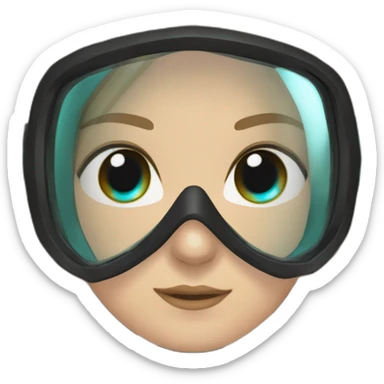 woman large light brown straight hair, black diving mask with a single crystal, tourquese eyes, scubadiving gear sticker