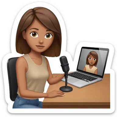 tanned brown hair woman, sat at desk with MacBook, podcast microphone bleige top and beige, sexy, glass table sticker