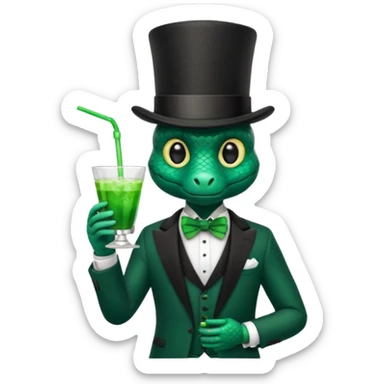 snake wearing suit, bowtie and top hat, holding a glass of green drink sticker