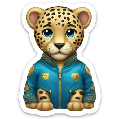  cute baby jaguar wearing a blue and gold jacket sticker