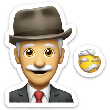 White old guy with a mustasch and an an old ugly suit, big smile and a cap with an oil company logo sticker