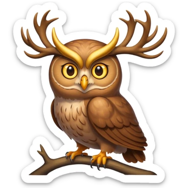 Emoji chouette perchée brun clair, yeux jaunes brillants,bois de cerf imposants sur la tête, sagesse et puissance. Avec majesté sticker