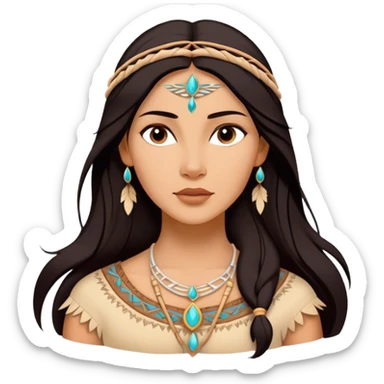 Cinematic Radiant Pocahontas Portrait Emoji, rendered in a vector-style with clean lines. Show Pocahontas with luminous, sun-kissed skin and flowing dark hair adorned with subtle natural ornaments, her expression calm and kind, dressed in simple traditional attire with earthy tones. The image glows softly with a warm, inviting radiance, enhanced by a soft glowing outline. sticker