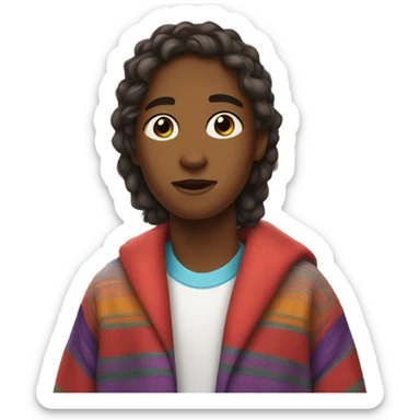 white teen at school with a colorful blanket wrapped around shoulders standing by locker sticker