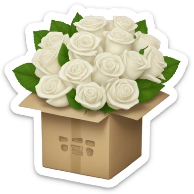 White rose bouquet with a box holding the bouquet together sticker