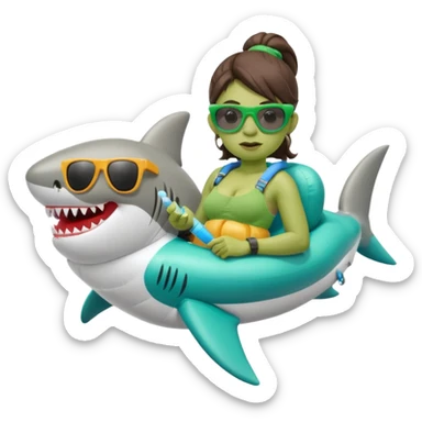orc female sitting in an inflatable floatie shaped like a shark, wearing oversized sunglasses and a whistle on a neck cord sticker