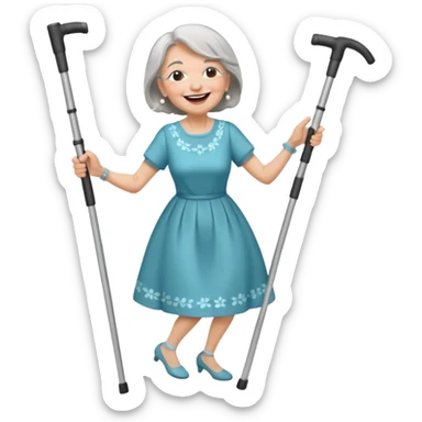 elderly woman with pants, grey hair, laughing and dancing th crutches sticker
