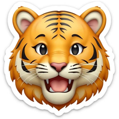 Cinematic Cute Yawning Tiger Portrait Emoji, Head tilted slightly with a dramatic, wide-open yawn, showcasing a lithe, striped body with drowsy, half-closed eyes and an open, relaxed expression, Simplified yet irresistibly adorable features, highly detailed, glowing with a soft, cozy wild glow, high shine, relaxed yet expressive, stylized with a dash of whimsical jungle charm, soft glowing outline, capturing the essence of a drowsy yet affectionate tiger that appears ready to stretch out for a nap! sticker