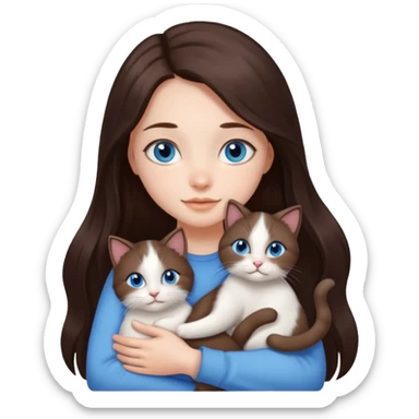 a pretty girl with long dark 
brown hair, with blue eyes, hugs 3 different natural coloured small cats sticker