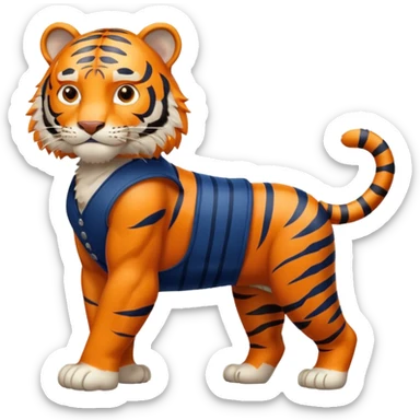 crea un tigre de cuerpo completo, que lleve un chaleco color azul marino y que en el chaleco lleve el nombre (telamon) sticker