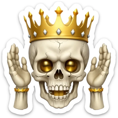 Demonic 3D skull holding its head by its two hand in shock, mouth open, wearing a golden crown, horror vibe sticker