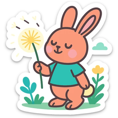 bunny holding a dandelion in the breeze, gentle spring vibe, soft pastel colors, vibrant-toon style sticker