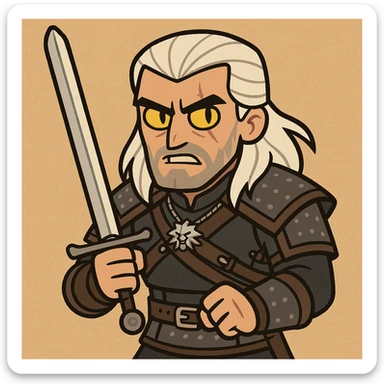 Geralt of Rivia, white hair, yellow cat eyes, holding a silver sword, stylized cartoon style sticker