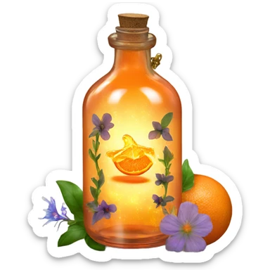 Orange magic fairy light sparkling old Antique bottle with poison and with herbal and flowers sticker