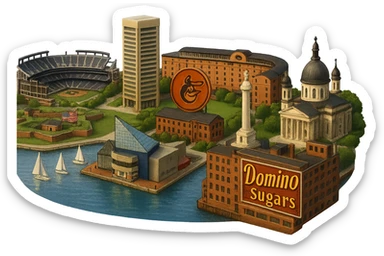 cinematic realistic emoji of Baltimore, wide city view with iconic landmarks: Inner Harbor, National Aquarium, Fort McHenry, Oriole Park at Camden Yards, M&T Bank Stadium, Baltimore Basilica, Washington Monument (Baltimore), and the Domino Sugars sign. Lifelike detail, accurate colors, bright daytime lighting, no sky, no clouds, no city name label, transparent background sticker
