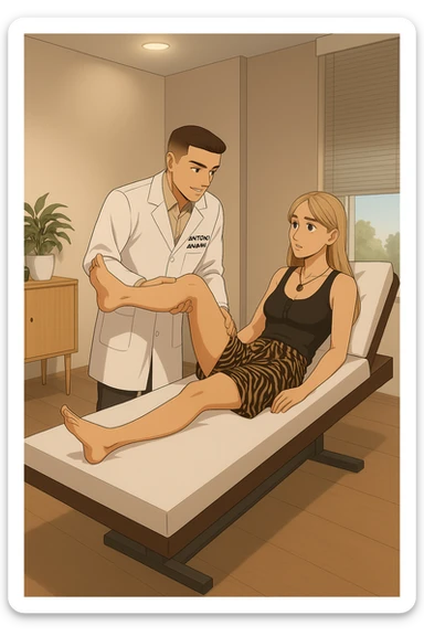 fai un webtoon/manga a colori con questo kinesiologo in camice bianco (fagli la scritta "ANTONIO ANANIA" SUL CAMICE) CHE SVOLGE UN TEST NEUROMUSCOLARE SOLLEVANDO UNA GAMBA ALLA RAGAZZA CHE è STESA SU UN LETTINO BIANCO. STANZA SEMPLICE E MODERNA, DURANTE IL TEST I DUE DIALOGANO TRA LORO. NON FARE I FUMETTI, FAI SOLO LORO COME SE DIALOGASSERO sticker