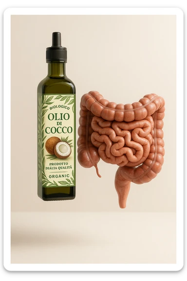 BOCCETTA DI OLIO DI COCCO BIOLOGICO (FAI UN ETICHETTA SUL PRODOTTO IN ITALIANO) CHE FLUTTUA IN ARIA INSIEME A UN INTESTINO UMANO ANATOMICO IN PERFETTA SALUTE, SFONDO CHIARO, iperrealistico 4k sticker