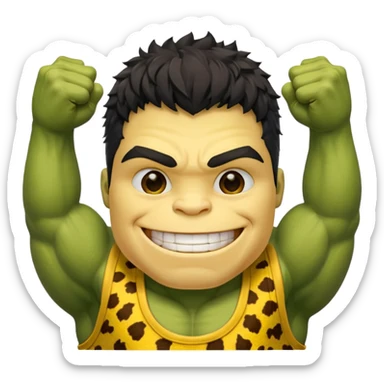 a Hulk wearing ancient animal skin cloth, half body, icon, yellow skin, spring sticker