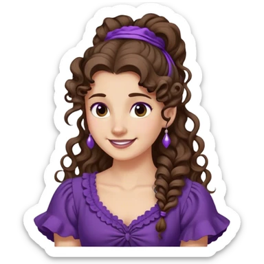 Femme aux cheveux longs et bruns, attachés en une queue-de-cheval haute et bouclée. Une mèche retombe sur son front. Elle porte une robe violette de style antique et a un sourire espiègle. sticker
