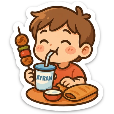 Ayran içen bir karakter, yemek yerken, mizahi ve sevimli bir şekilde, colorful and fun chibi sticker style sticker