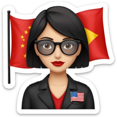 Una mujer morena (de pelo)  con una coleta de color negro) y gafas de sol de color negro y una bandera roja en la mano sticker