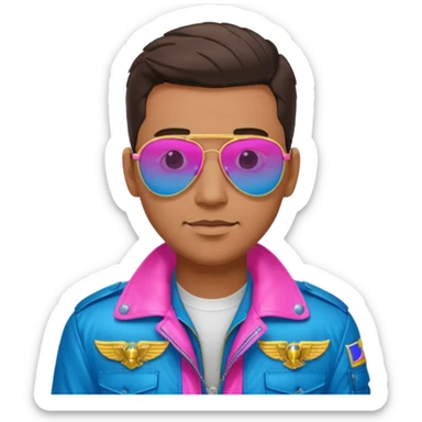 1980s cool man with stubble wearing reflective neon pink and blue aviator sunglasses and a pilot topgun jacket sticker