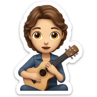 woman with brown hair with ukelele in hand sitting, with a sad look on her face sticker