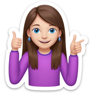 12 year old girl, blue eyes, brown long ish straight hair, smile and two thumbss up with purple stud earings and a pink shirt, and that you can see my whole body, and no teeth in my smile sticker