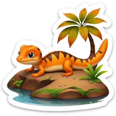 A 3D cartoon newt resting near a pond, orange and brown colors, visible tail, friendly expression, soft reflections and lighting, Memoji-style character. sticker