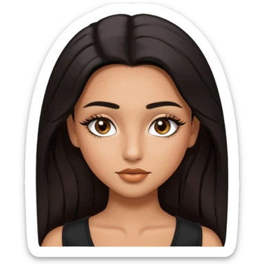 A girl, who has long black styled silk hair, tan skin. almond brown eyes that has black long lashes, small nose and full lips. and a bit of makeup like bronzer. and wearing a white tight top. long black lashes and medium arched brows. looks like a baddie. sticker