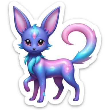 Shiny Iridescent Nebulae Espeon-Umbreon-Sylveon-Fakémon-hybrid-creature (full body)  with a galaxy-dust-flowing-gradient-tail sticker