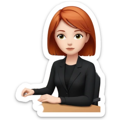 “Video call therapy session: red-haired therapist with short hair wearing black minimalist clothing, seated in a professional home office, looking at the webcam; client with long hair wearing all-black outfit visible on screen; calm, modern teletherapy setting sticker