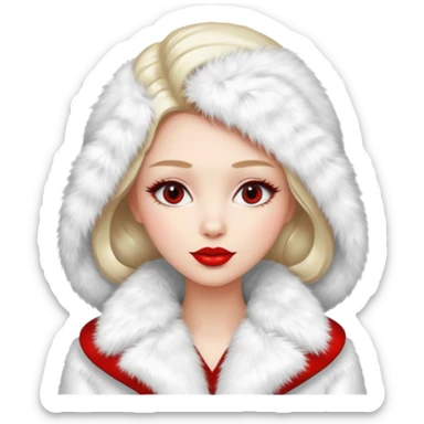 A beautiful, cute girl with red lipstick on her lips in a white fur coat,  in full view sticker