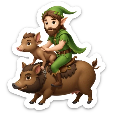 tiny forest elf man long brown hair beard riding baby boar sticker