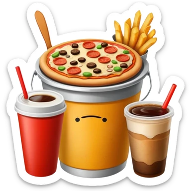 ganarate a emogi a bucket of food with pizza buerger coffee add fries cold coffe to sticker