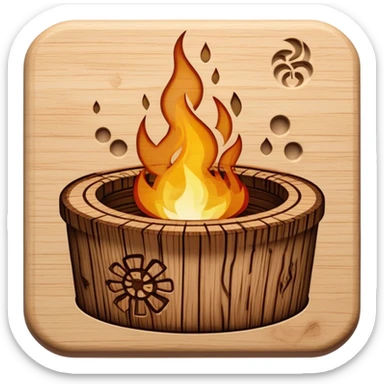 Pyrography icon, wooden surface with detailed burn marks, intricate patterns etched into wood using an incinerator, no flames or smoke, minimalistic style, clean lines, transparent background. sticker
