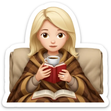 Beige hair Girl drinking coffee, reading book with a cozy blanket sticker