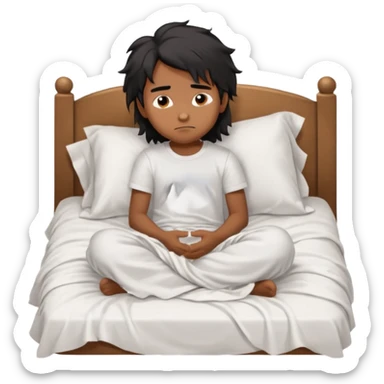 generate a pretty bratz brown skinned boy with black messy long hair wearing a white tshirt sitting in his in bed. Looking sleepy sticker