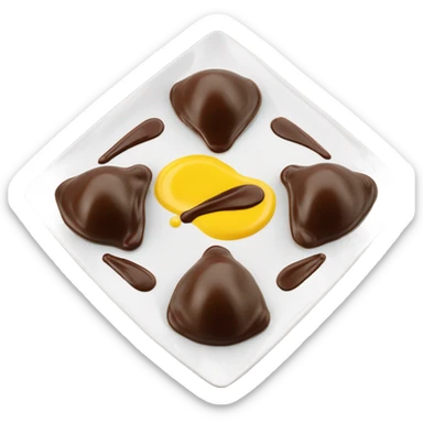 1 Chocolate quenelle and 1 vanilla quenelle on a fine dining glass plate with 3 small drops of yellow sauce as decoration sticker