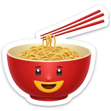 Chinese cuisine humanless avatar in bright emoji-style illustration. Noodles bowl, red and gold colors, simple shapes, flat design, bold and energetic. sticker