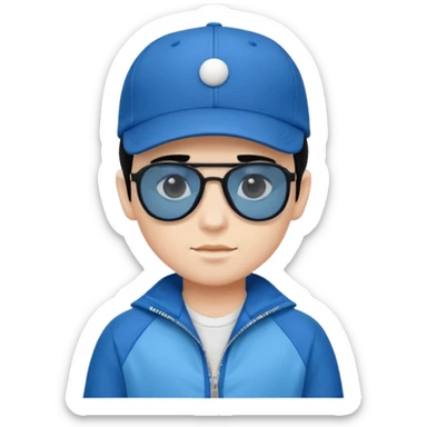 make a genmoji of a boy with a white baseball cap, black hair and a blue zipper jacket with black sunglasses sticker