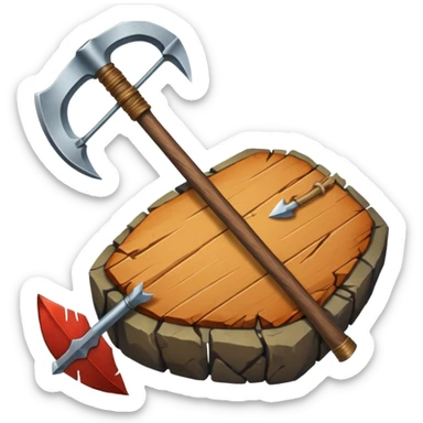 Deux éléments qui fusionnent : deux icônes (ex. bois + pierre) avec une flèche ou un “+” vers un 3ᵉ élément (ex. hache) → l’idée de merge sans limite. sticker