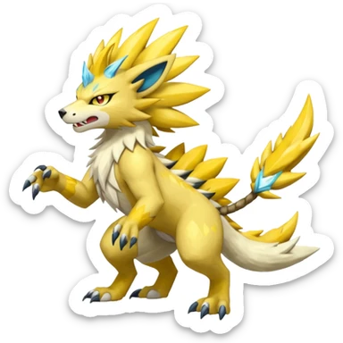 Scaly rough angry serene Asian painted Zeraora-Manectric-Solgaleo-Electrike-Furfrou-Fakemon-fusion, full body sticker