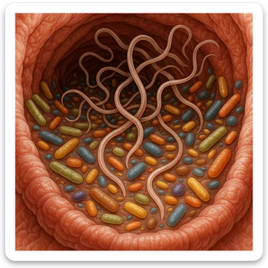 a medical illustration of a human realistic gut with bacteria and virus like worms sticker