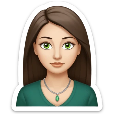 40 year old Adult woman avatar, light skin tone, oval face, long straight ashy brown hair, green almond-shaped eyes with dramatic eyelashes and minimal eyeliner, neutral mouth, medium straight eyebrows, small nose, smooth skin sticker