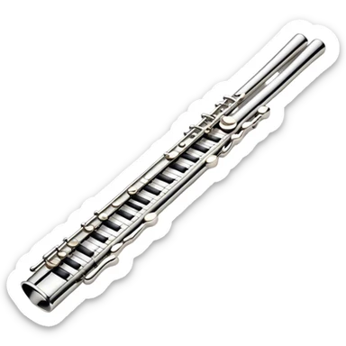 Cinematic Realistic Flute, polished silver metal with precise keywork, soft reflections of warm light dancing along its length, a musician’s delicate fingers pressing the keys, glowing with a sleek and elegant charm. sticker