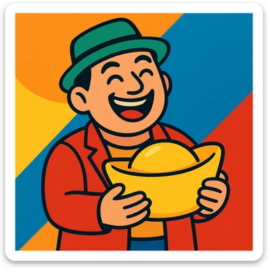 a lucky man holding a gold tablet, vibrant and cheerful sticker