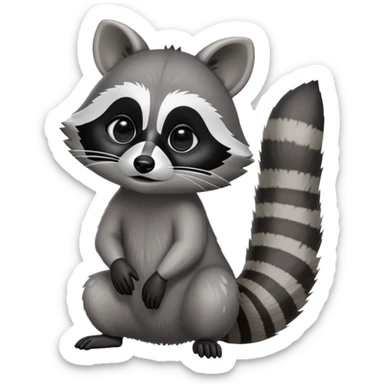 Cinematic-Raccoon-Realistic-hunched Full-Body on all fours-Emoji – Tail flicking lazily, head tilted dramatically, thick grey fur with a signature black mask, sharp and alert ears, simplified yet realistic focused features, highly detailed, glowing with an almost sarcastic glow. big black eyes sticker